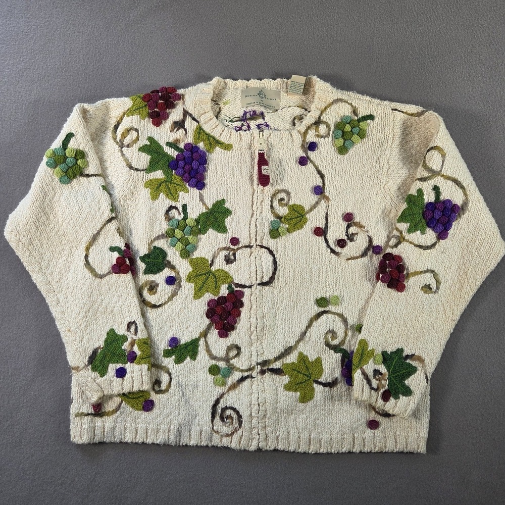 Design Options Sweater Womens Medium Cotton Cardigan Wine Grapes Vineyard
